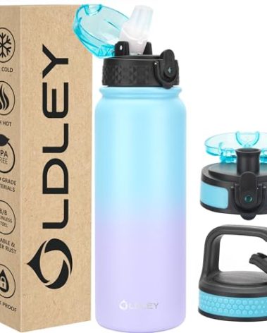 Oldley Insulated Water Bottle 20oz Water Bottles with Straw, Stainless Steel Water Bottle with 3 Lids, Double Wall Vacuum Bottels for Adults School Kids,Leak-Proof Sport Bottles, Ombre Blue-purple