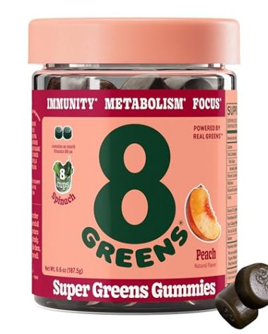 8Greens Supergreens Gummies | Super Greens Powder Superfood Gummy for Metabolism, Immunity & Focus, Digestive Health Enzymes, Organic: Chlorella, Spirulina, Aloe Vera, Peach Flavor, 50 Count
