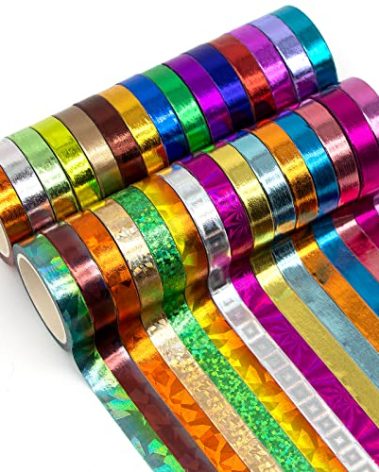 30 Rolls Washi Tape,Multi-Colored & Gold Metallic Washi Masking Tape - 8mm x 4m Rainbow Paper Tape for DIY Crafts (Mix)