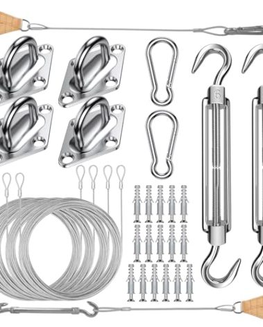 COOLYARD Shade Sail Hardware Kit with Cable Wire Rope,48 Ft (12Ftx4) Vinyl Coated Aircraft Cable,6 Inch Hanging Kit for Outdoor Curtain String Light Sun Shade Sails Installation