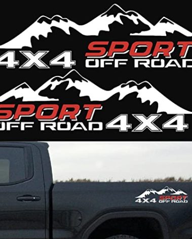 4X4 Off Road Sport with Mountain Pattern Decal Stickers 2Pcs, Fit for All Kinds of Truck Pickup SUV Sedan, with Squeegee 1Pcs, White and Red