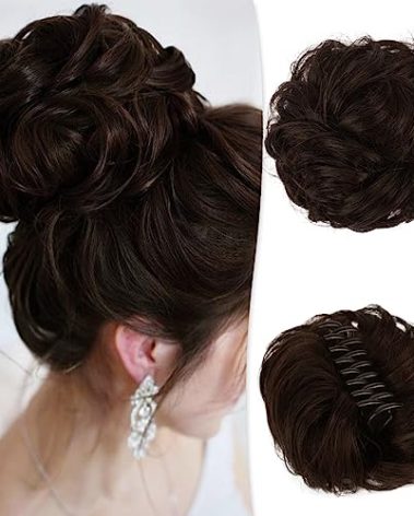 RUWISS Claw Clip Messy Bun Hair Piece 100% Real Human Hair Buns Wavy Curly Chignon Hair Bun Extensions Tousled Updo Hair Buns Claw Clip Ponytail Hairpieces(Dark Brown with 15% Dark Cocoa Blonde)