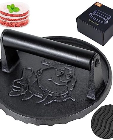 Smash Burger Press-Heavy Duty Hamburger Press with Heat Insulation Handle-6 Inch Cast Iron Burger Smasher,Bacon Press,Sandwich Press-Round Grill Press for Griddle-50 PC Burger Press Patty Paper