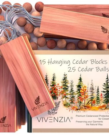 Vivenzia Cedar Blocks for Clothes Storage -40 pcs (15 Hang-ups & 25 Balls)- Cedar Balls for Clothes Storage, Natural Aromatic Hangers & Drawer Fresheners, Closet Deodorizer Odor Eliminator