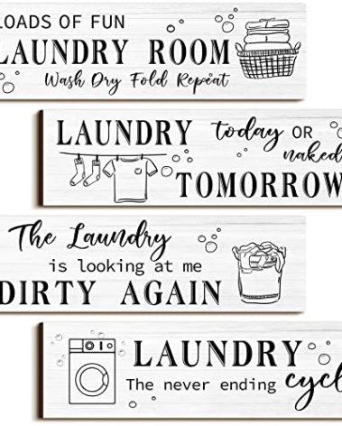 Laundry Room Decor Laundry Room Wooden Sign Funny Sign Wall Plaque Rustic Farmhouse Laundry Wall Decor Vintage Bathroom Wall Sign Laundry Rules Hanging Decor for Bathroom, 4 Pieces (White with Black)