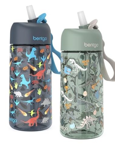 Bentgo Kids Water Bottle 2-Pack - Leak-Proof, Durable Tritan, BPA-Free 15 oz. Cup for Kids/Toddlers Ages 3+, Safe Sip Spout, & Dishwasher Safe for School/Sports/Daycare/Camp (Dinosaur/Dino Fossils)