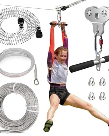 Fologtoo Zip Lines for Kids and Adults Outdoor Up to 500 Lbs, 304 Stainless Steel 80FT Zipline Kits for Backyard with Thickened 1/4" Wire Rope, Removable Pulley, Outdoor Playground Equipment
