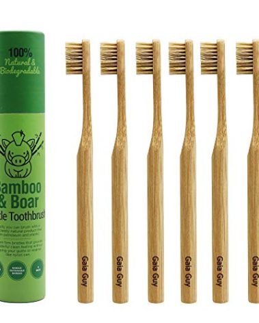 Gaia Guy Natural Bristle Bamboo Toothbrush (NO Nylon - Boar Hair ONLY) - Totally Compostable & Biodegradable Boar Bristle and Bamboo Toothbrushes - Zero Waste - 6-Pack