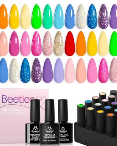 Beetles Summer Gel Nail Polish Set Green Pink Blue Glitter Nude Manicure Kit 23 Pcs 20 Colors Gifts for Women with Base Matte Glossy Top Coat Uv Lamp Needed Rainbow Magic