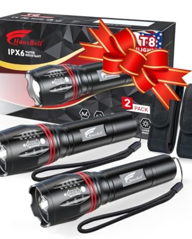 HAUSBELL T8 Upgraded Flashlight Bright, Zoomable Tactical LED Flashlights Flash Light with High Lumens and Five Modes and Camping Accessories, 2 Pack