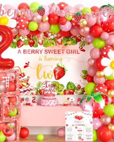 Party Inspo Berry Two Sweet Birthday Decorations, Strawberry 2nd Birthday Party Decorations Girl, A Berry Sweet Girl is Turning Two Backdrop Balloon Banner Cake Cupcake Topper Box Cutout Poster