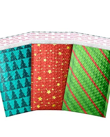 TONESPAC 51 Pack Christmas 4x8 inch Poly Bubble Mailers Padded Envelopes Retailer Holiday Shipping Bags with Waterproof Self Seal Strip with Three Different Christmas Pattern.(4x8 inch,Mixed Pattern)