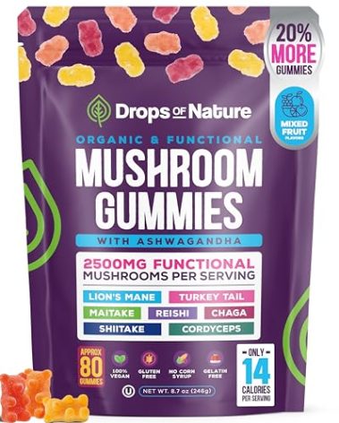 Ashwagandha Gummies and Lions Mane Mushroom Gummies Supplement - Organic - Reishi, Cordyceps, Turkey Tail, Maitake, Shitake, Chaga - Immune Defense, Boosts Cognitive Performance, Vegan, Low Carb