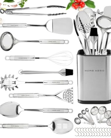 Home Hero 32 Pcs Stainless Steel Kitchen Utensils Set - Nonstick Stainless Steel Cooking Utensils Set - Heat Resistant Kitchen Essentials & Metal Kitchen Gadgets (32 Pcs)