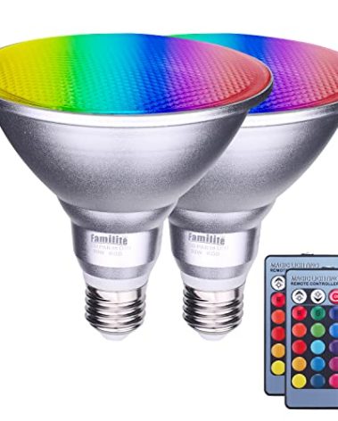 Familite PAR38 LED Floodlight Bulb, 30W Color Changing Light Bulb, Remote Controlled RGB Landscape Light, Dimmable E27 Based Waterproof Lawn Lamp for Holiday Party Courtyard Decor (2pcs)