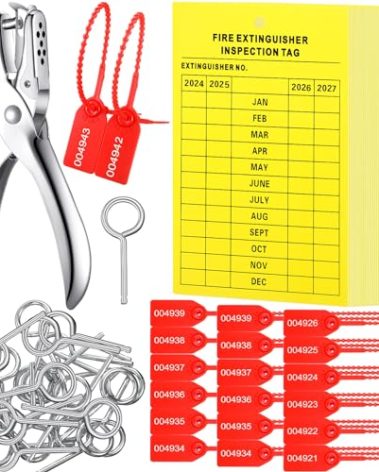 Monthly Fire Extinguisher Inspection Tags Set Including 2025-2027 Maintenance Plastic Tamper Seals Fire Extinguisher Pull Pins Numbered Security Tags with Handheld Hole Puncher(151 Pieces)