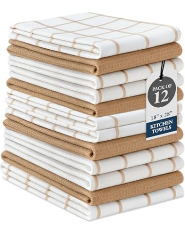 LANE LINEN Kitchen Towels & Dishcloths Set of 12-100% Cotton, Quick-Drying 18” x 28” Absorbent Dish & Tea Towels, Soft Hand Towels for Kitchen - Beige
