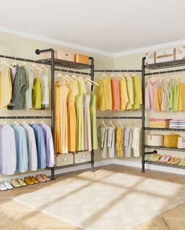 Timate L4 L Shape Heavy Duty Garment Rack - Expandable Industrial Pipe Clothing Rack, Wall Mounted Closet Organizer, Corner Closet System Black