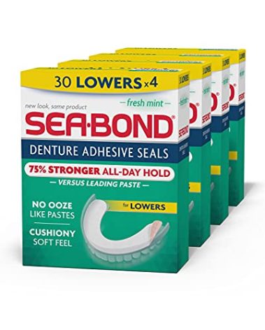 Sea-Bond Secure Denture Adhesive Seals, Fresh Mint Lowers, Zinc-Free, All-Day-Hold, Mess-Free, 30 Count (Pack of 4)