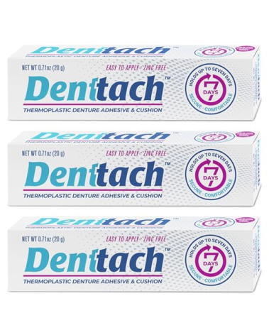 Denttach Denture Adhesive, Thermoplastic Denture Adhesive, Cushion and Reliner, Comfortable, Secure Denture Grip for Up to 7 Days, Non Glue, Zinc Free, Long Holding Denture Reliner (Pack of 3)