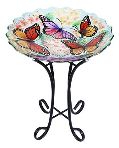 VCUTEKA Glass Bird Bath Outdoor with Metal Stand for Lawn Yard Garden Decor Butterfly Bird Feeder