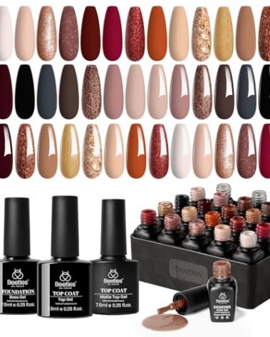 Beetles Gel Nail Polish Kit, 23Pcs Fall Nude Pink Brown Burgundy Red Gel Polish Set with Base Top Coat Verse of Roses Kit, Soak off Uv Gel Golden Glitter Holiday Nail for Women