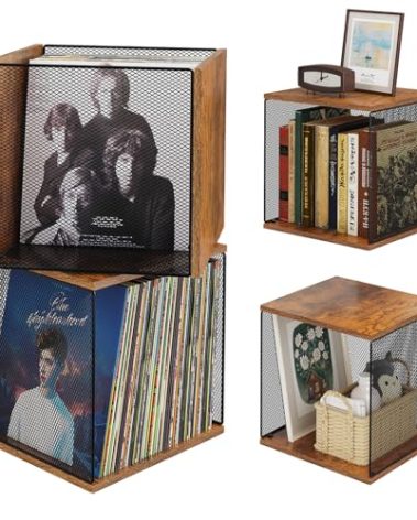 2 Cubes of Record Holder Shelf Storage Furniture - DIY Stackable 80-110 Vinyl Album Visualize Storage Box Cube - Natural Wooden Organizer Crate Cabinet