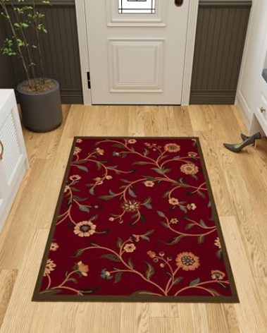 Ottomanson 3'3" x 5' Rugs for Living Room Floral Area Rug for Bedroom - Non Slip Durable Large Floor Carpet for High Traffic Areas - Indoor Rug for Dining Room Kitchen Kids Playroom, Red