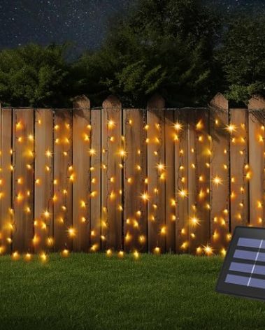 DBFAIRY Solar Curtain Lights,19.6ft x 3.3ft 300 LED Outdoor Christmas Solar Curtain Lights Waterproof Green Wire with 8 Mode for Garden Handrail Railing Eaves Wall Decoration -Warm White