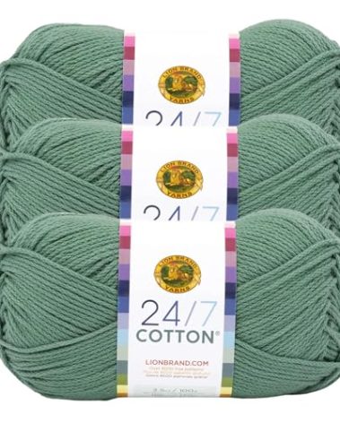 Lion Brand Yarn Lightweight 24/7 Cotton Yarn for Knitting, Crocheting, and Crafts, Spruce, 3 Pack
