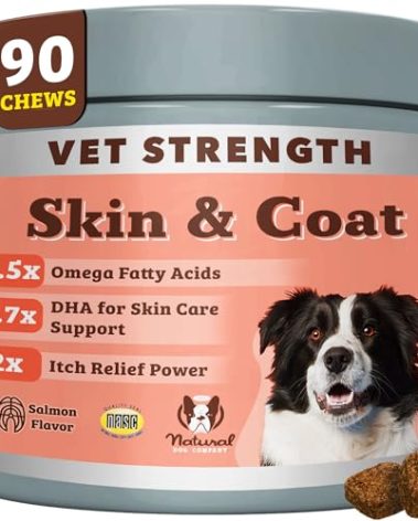 Natural Dog Company Omega Skin & Coat Chews, Vet Strength Supplement, Itchy Skin Relief, Moisture Balance & Coat Hydration, Biotin & Vitamin E, Dry Skin Care, Vet-Recommended, USA Made, 90 Ct