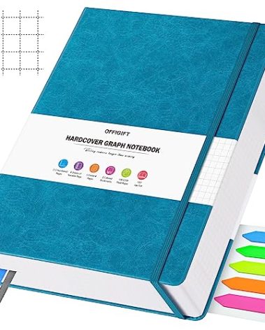 OFFIGIFT Graph Paper Notebook, 312 Numbered Pages B5 Hardcover Leather Journal, 100gsm No Bleed Grid Paper Notebook with Index Pages, Grid Notebook for Graphing Notes Math, 7.6'' X 10'', Blue