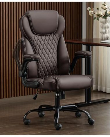 amseatec, Office Chair, Executive Leather Chair Home Office Desk Chairs, Ergonomic Computer Desk Chair with Adjustable Flip-Up Arms, Lumbar Support Swivel Task Chair with Rocking Function (Brown)