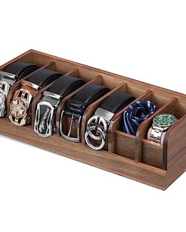 PERCAO Belt organizer, 7 compartment belt holder belt hanger closet and belt organizer for drawer,belt rack, belt storage organizer, belt hangers for men and women (Acacia wood)