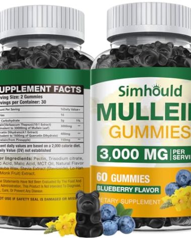 Simhould 1 Pack Sugar Free 3000MG Mullein Gummies - Lung Cleanse, Mullein Leaf Extract Supplement for Respiratory, Organic Mullein Drops with Quercetin & Bromelain for Lung, Digestive Health & Immune