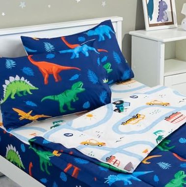 Meeting Story 3pcs Kids Comforter Sets Zipper Bedding Set for Boys,Full Kid Bedding Set Dinosaurs Comforter Leaves Bedding for Kid,All in one Zipper Bedding（Dark Blue,Full）