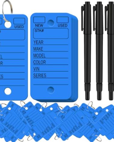 Gersoniel 500 Pcs Key Tags with Labels Car Dealership Key Tags with Rings Blank Shop Labels and 4 Pens for Office Car Shop Automotive Supplies(Blue)