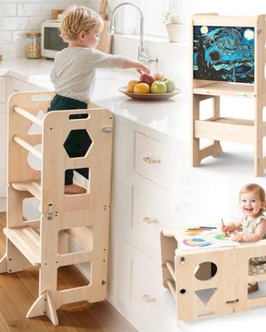 Woodure 4-in-1 Toddler Kitchen Step Stool, Foldable Learning Standing Tower with Blackboard, Wooden Kitchen Stool Helper for Kids, 1-3 Year Old Boy Girl Gifts
