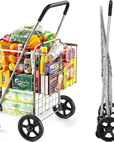 Wellmax Foldable Shopping Cart with Wheels, Folding Metal Grocery Cart with Extra Basket, Swivel Front Wheels, Lightweight & Collapsible Utility Cart for Groceries, Laundry, Seniors, Silver Color