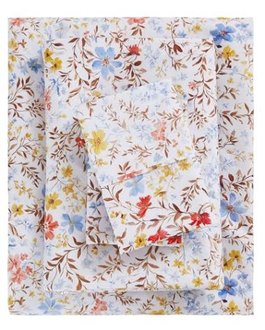 Mooreeke Cozy Vintage Microfiber Printed Full Sheet Set - Soft & Breathable Percale Floral Bed Sheets with Extra Deep Pocket - Non-Slip Fitted Design - Yellow Blue Red Flower Pattern - Full