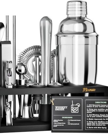 Mixology Bartender Kit with Stand - 15 Piece Bar Tool Set, Silver Bar Set Cocktail Shaker Set for Drink Mixing - Includes Martini Shaker, Jigger, Strainer, Bar Mixer Spoon, Tongs, Opener | Gift Idea