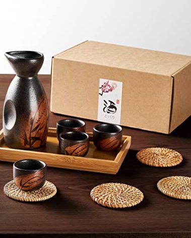RECEESOON 10 Piece Traditional Japanese Sake Set with Tray, Korean Soju Glass, Black Sake Cups, Saki Cup Set, Japanese Gifts Set