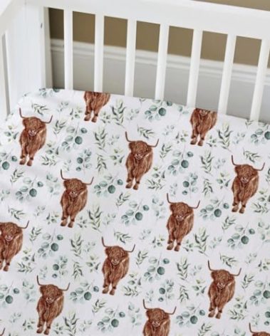 HawSkgFub Highland Cow Eucalyptus Leaf Fitted Standard Crib Sheet for Baby Boy Girl, Neutral Western Farm Animal Yak Toddler Mattress Cover, Soft Stretchy Nursery Bed Sheets Decor Kids Gift 52" x 28"