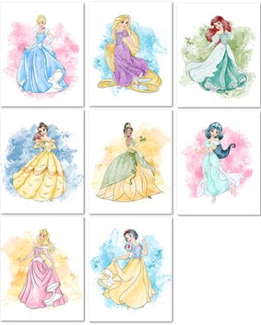 Nistio Princess Nursery Wall Art Prints, Ariel Nursery Poster, Newborn Gift, Cinderella Baby Room Decor For Girls, Princess Cinderella, Rapunzel, Ariel, Belle, Tiana, Jasmine, Set of 8 Prints, 8x10