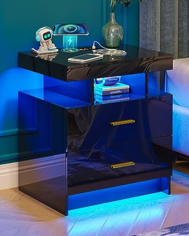 WOOVIVS Night Stand with Light, High Gloss Nightstand with USB/Wireless Charging Station, LED Black Nightstands with Storage Drawers, RGB Side End Table for Bedroom Furniture（Black）