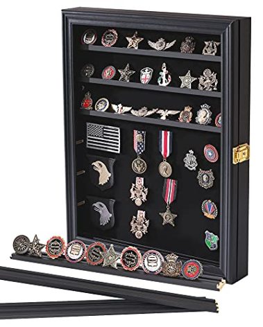 Verani Medals Display Case Wall Frame for Collector, Military Challenge Coins Holder, Pins, Lockable Shadow Box with Removable Shelves Black