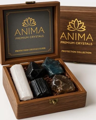 Anima Protection Crystal Set - Raw Obsidian, Black Tourmaline, Smoky Quartz, Labradorite & Selenite Crystal for Protection, Grounding & Transmutation - Presented in Elegant Gift Box with Guide Booklet