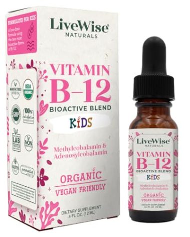 LiveWise Naturals Vitamin B12 Liquid Drops for Kids | Toddlers and Children I Methylcobalamin and Adenosylcobalamin | USDA Organic I Vegan | Non-GMO | Gluten Free | Low Dose
