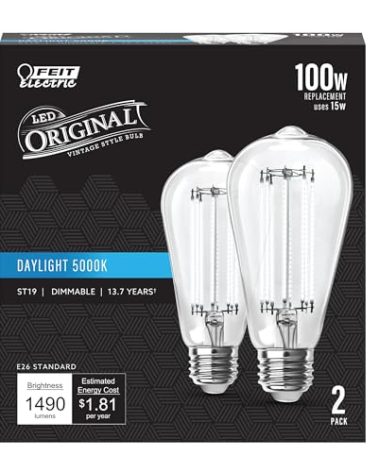 Feit Electric ST19 Vintage Edison LED Light Bulb, 100W Equivalent, Dimmable, 5000K Daylight, 1490 Lumens, E26 Base, Retro Filament Light Bulbs, 15,000-Hour Lifetime, ST19100CL/950CA/2, 2 Pack