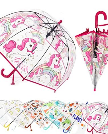 MRTLLOA Kids Red Unicorn Clear Bubble Umbrella, Toddler Grip Curved Handle Stick Rain Umbrella(Red Unicorn)